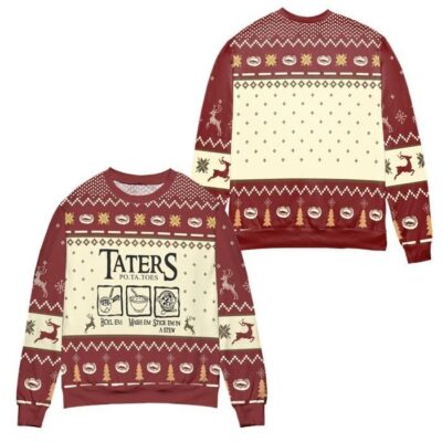 Lord of The Rings Taters Potatoes Recipe Pine Tree & Reindeer Pattern Ugly Christmas Sweater - Red