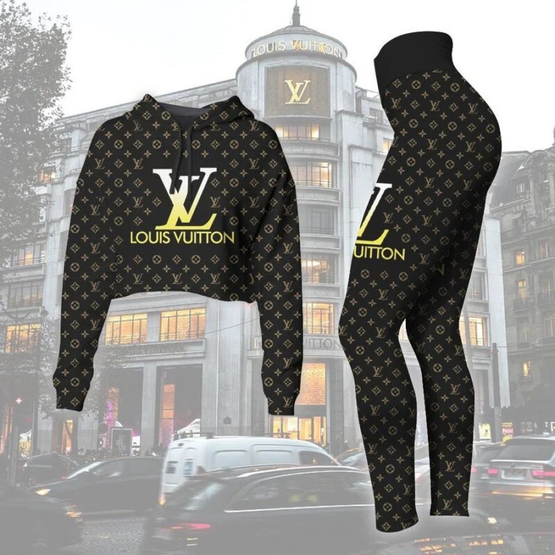 Louis Vuitton Black Croptop Hoodie Legging Set For Women Luxury LV