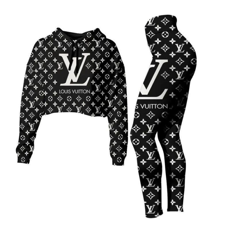 Louis Vuitton Black Croptop Hoodie Legging Set For Women Luxury LV