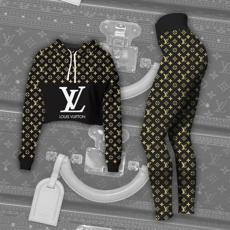 Louis Vuitton Black Gold Croptop Hoodie Legging Set For Women Luxury LV