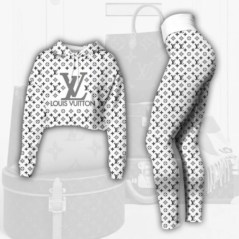 Louis Vuitton Black White Croptop Hoodie Legging Set For Women Luxury LV