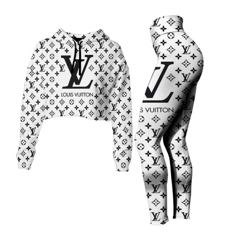 Louis Vuitton Black White Croptop Hoodie Legging Set For Women Luxury LV