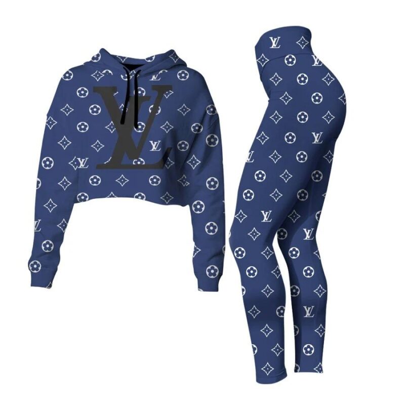 Louis Vuitton Blue Croptop Hoodie Legging Set For Women Luxury LV