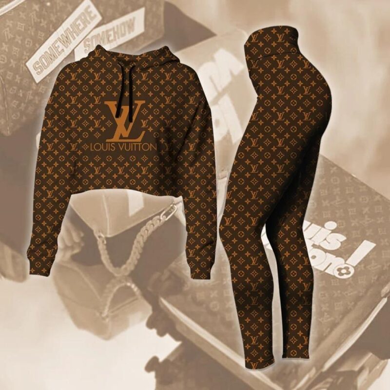 Louis Vuitton Brown Croptop Hoodie Legging Set For Women Luxury LV