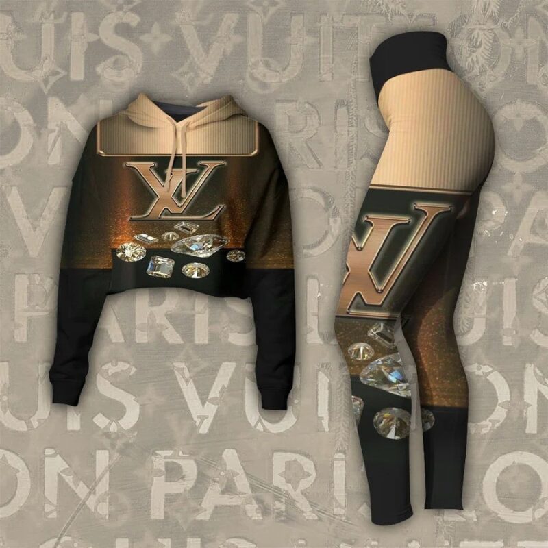 Louis Vuitton Diamond Croptop Hoodie Legging Set For Women Luxury LV