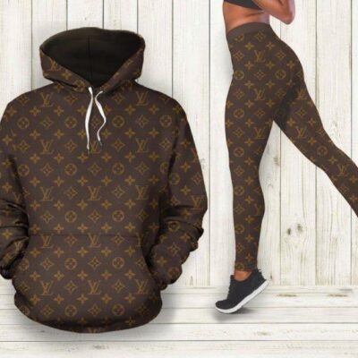 Louis Vuitton Luxury Brown 3D Hoodie and Leggings Set LV Gift