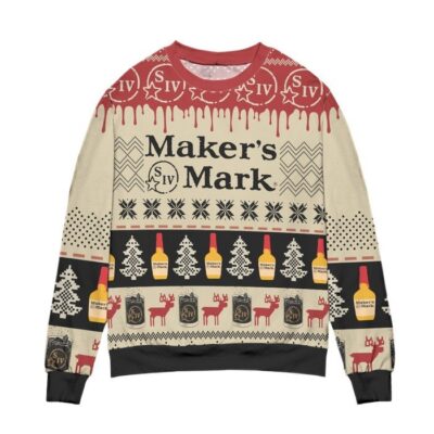 Makers Mark Bourbon Whisky Pine Tree Reindeer Ugly Christmas Sweater 2