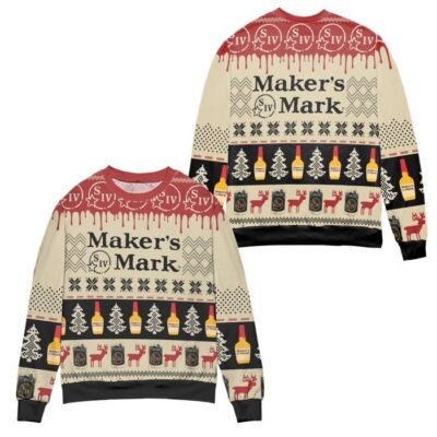 Maker's Mark Bourbon Whisky Pine Tree & Reindeer Ugly Christmas Sweater