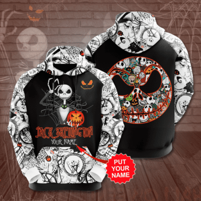 Personalized Jack Skellington Disney Cartoon Graphics Halloween 3D Unisex Hoodie - Black White TSH2135