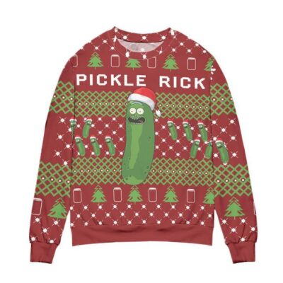 Pickle Rick and Morty Christmas Pine Tree Pattern Ugly Christmas Sweater Red 1
