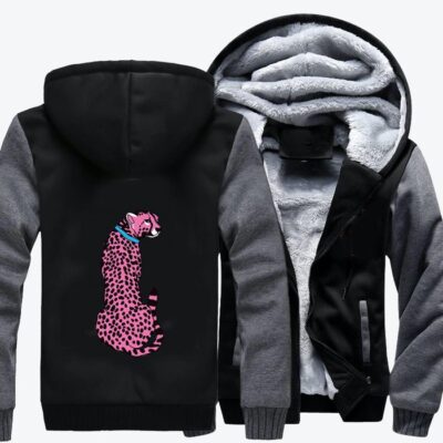 Pink Cheetah Wearing A Blue Collar Cheetah Fleece Zip Hoodie Jacket 2