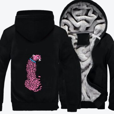Pink Cheetah Wearing A Blue Collar Cheetah Fleece Zip Hoodie Jacket 3