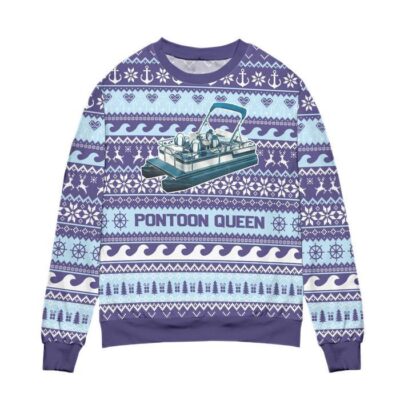 Pontoon Queen Penguin Snowflake Ugly Christmas Sweater - Blue 1 Pontoon Queen Penguin Snowflake Ugly Christmas Sweater Blue 1