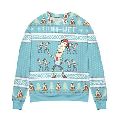 Rick and Morty Mr. Poopybutthole Ooh Wee Snowflake Pattern Ugly Christmas Sweater Blue 1