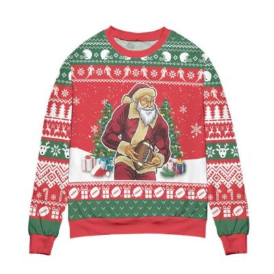 Santa Claus Football Snowflake Pattern Ugly Christmas Sweater Red Green 1