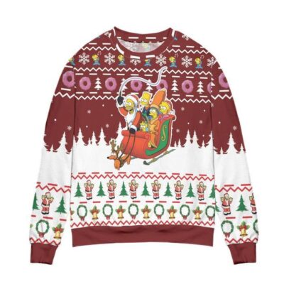 Santa Claus The Simpsons Version Snowflake Pine Tree Pattern Ugly Christmas Sweater Red 1