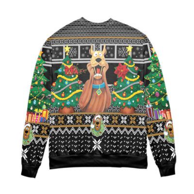 Santa Scoopy Doo And Christmas Tree Ugly Christmas Sweater Black 2