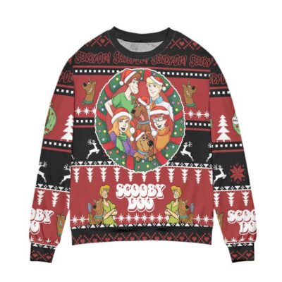 Scooby Doo Christmas Pine Tree Pattern Ugly Christmas Sweater Red 1