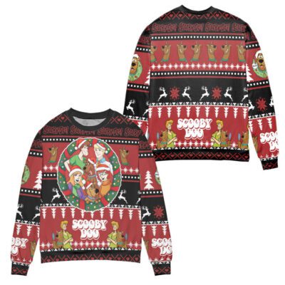 Scooby Doo Christmas Pine Tree Pattern Ugly Christmas Sweater - Red