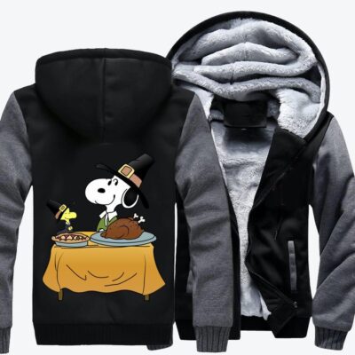 Snoopy With Turkey Thanksgiving Fleece Zip Hoodie Jacket 2
