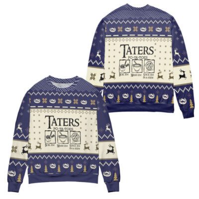 Taters Potatoes Recipe Pine Tree & Reindeer Pattern Ugly Christmas Sweater