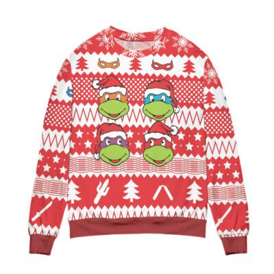 Teenage Mutant Ninja Turtles Pine Tree and Stars Ugly Christmas Sweater - Red 2 Teenage Mutant Ninja Turtles Pine Tree and Stars Ugly Christmas Sweater Red 2