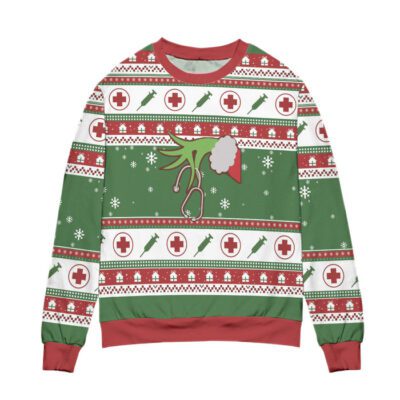 The Grinch Hand Holding Nurse Stethoscope Ugly Christmas Sweater 1 The Grinch Hand Holding Nurse Stethoscope Ugly Christmas Sweater 1