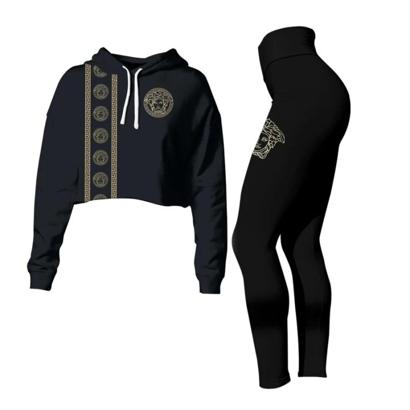 Versace Black Croptop Hoodie Legging Set For Women Luxury