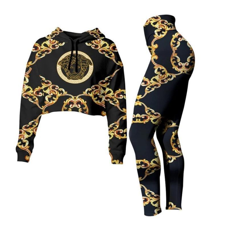 Versace Black Croptop Hoodie Legging Set For Women Luxury