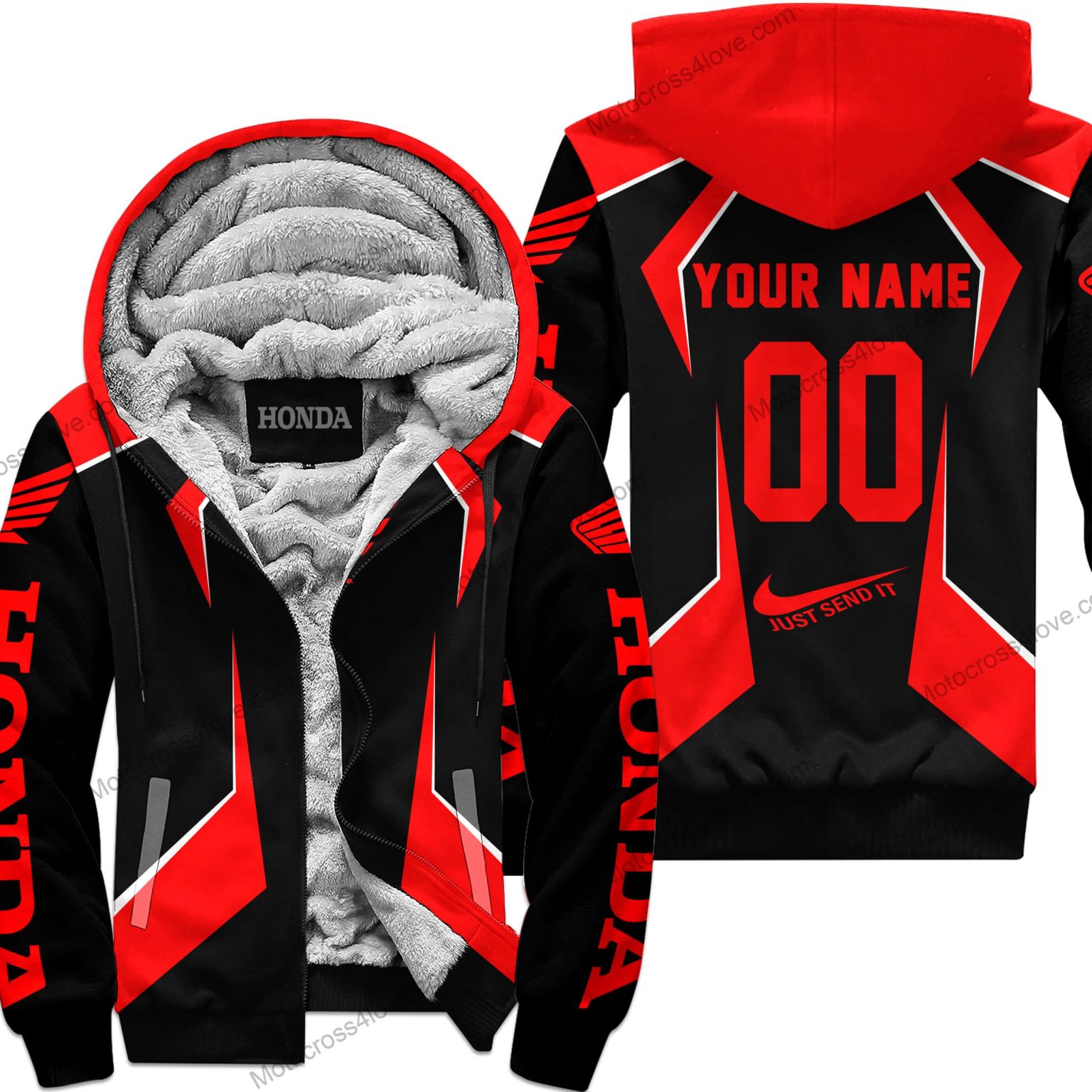 Custom Name Honda Red Fleece Zip Hoodie MFH558