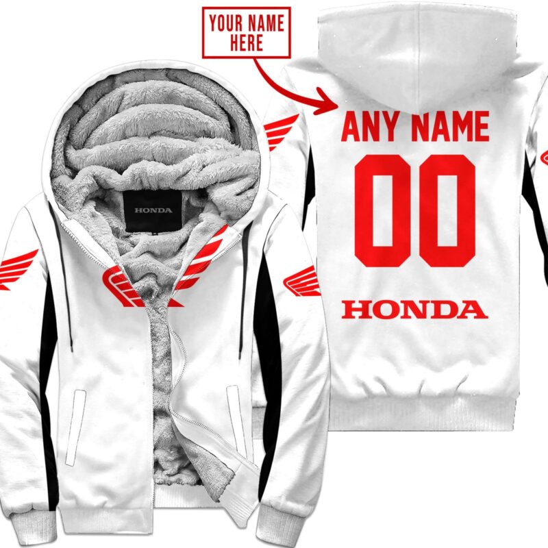 Custom Name Racing Honda White Fleece Zip Hoodie MFH1538