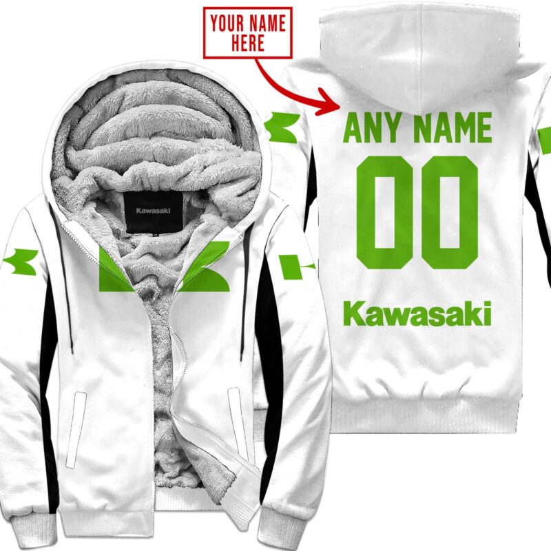 Custom Name Racing Kawasaki White Fleece Zip Hoodie MFH1543