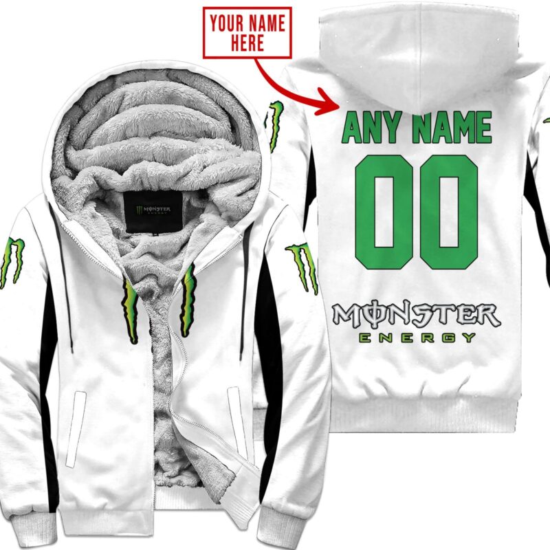 Custom Name Racing Monster White Fleece Zip Hoodie MFH1548