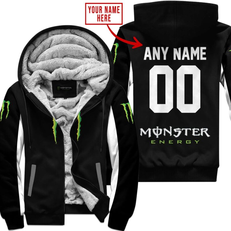 Custom Name Racing Monster White Fleece Zip Hoodie MFH1549