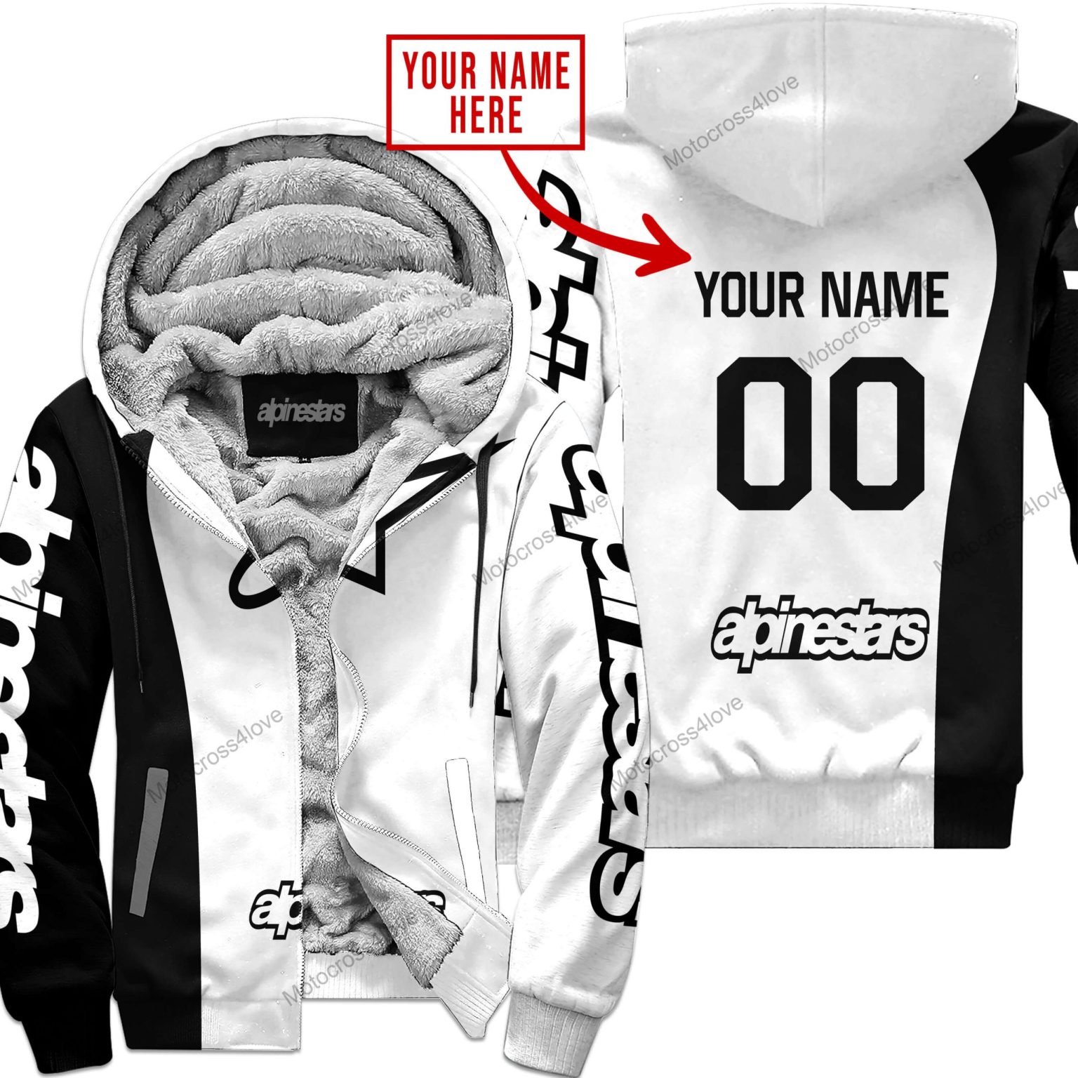 Mx Custom Name Alpinestars White Fleece Zip Hoodie MFH920