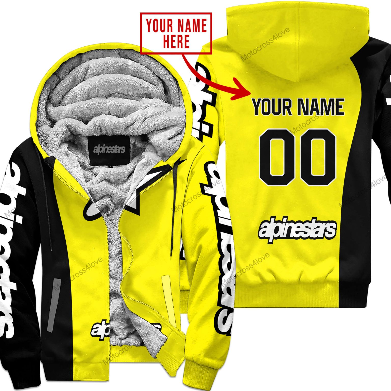 Mx Custom Name Alpinestars Yellow Fleece Zip Hoodie MFH921