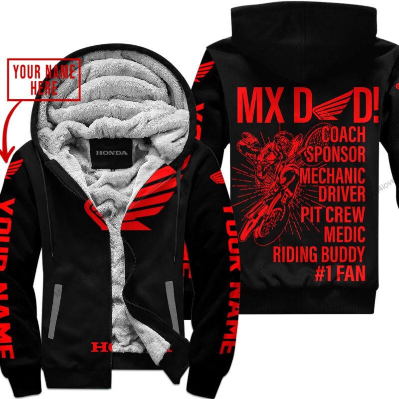 Mx Dad Personalised Gifts For Children & Adults Honda Black Red Fleece Zip Hoodie MFH1188