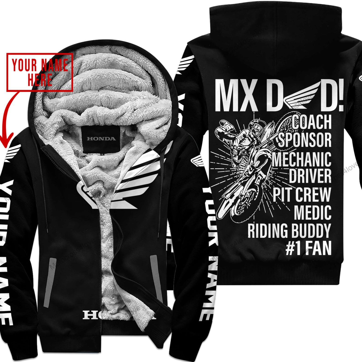 Mx Dad Personalised Gifts For Children & Adults Honda Black White Fleece Zip Hoodie MFH1189