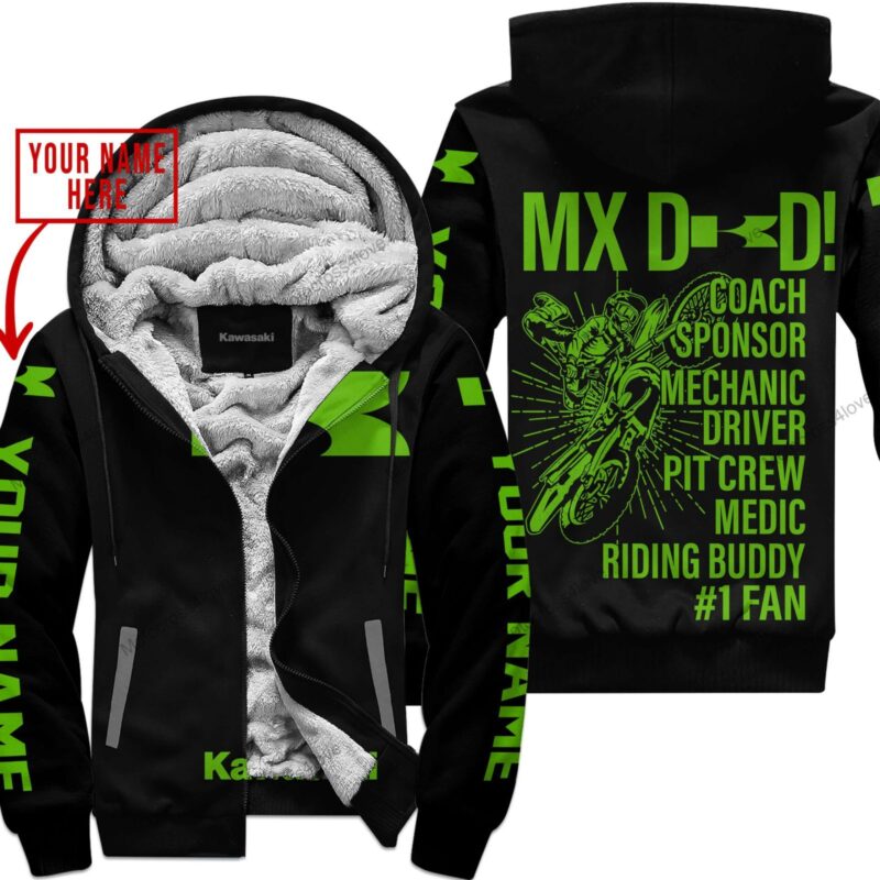 Mx Dad Personalised Gifts For Children & Adults Kawasaki Black Green Fleece Zip Hoodie MFH1190