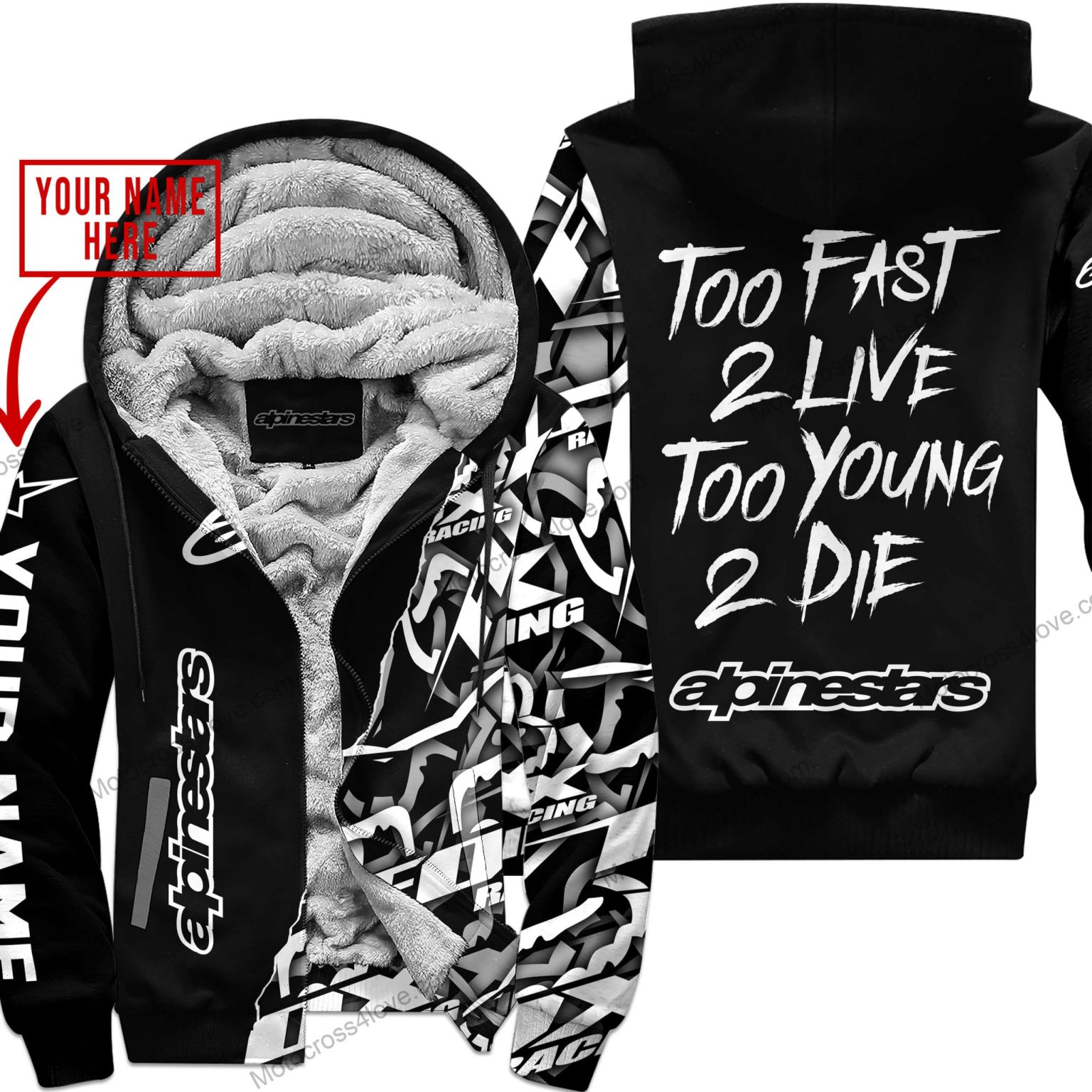 Too Fast To Live Too Young To Die Custom Name Alpinestars Black Fleece Zip Hooodie MFH781