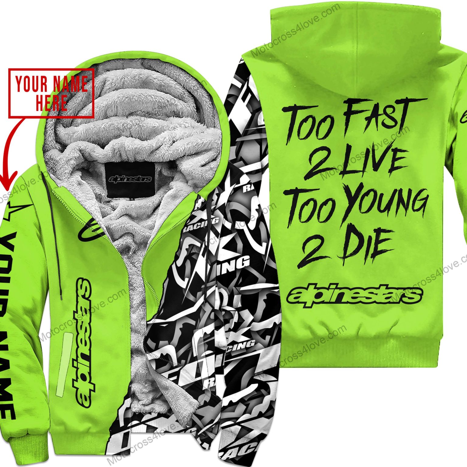 Too Fast To Live Too Young To Die Custom Name Alpinestars Green 1 Fleece Zip Hooodie MFH784