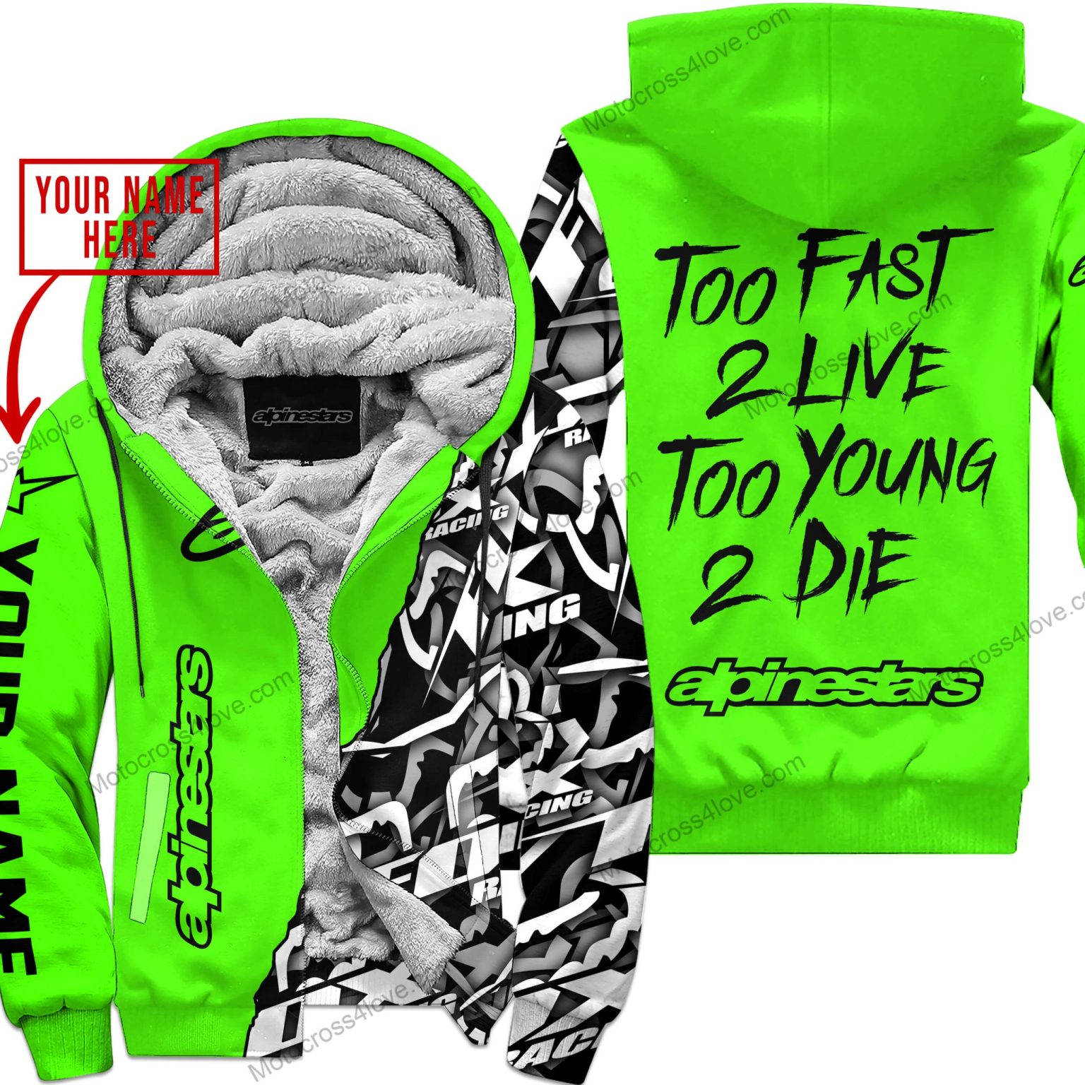 Too Fast To Live Too Young To Die Custom Name Alpinestars Green Fleece Zip Hooodie MFH783