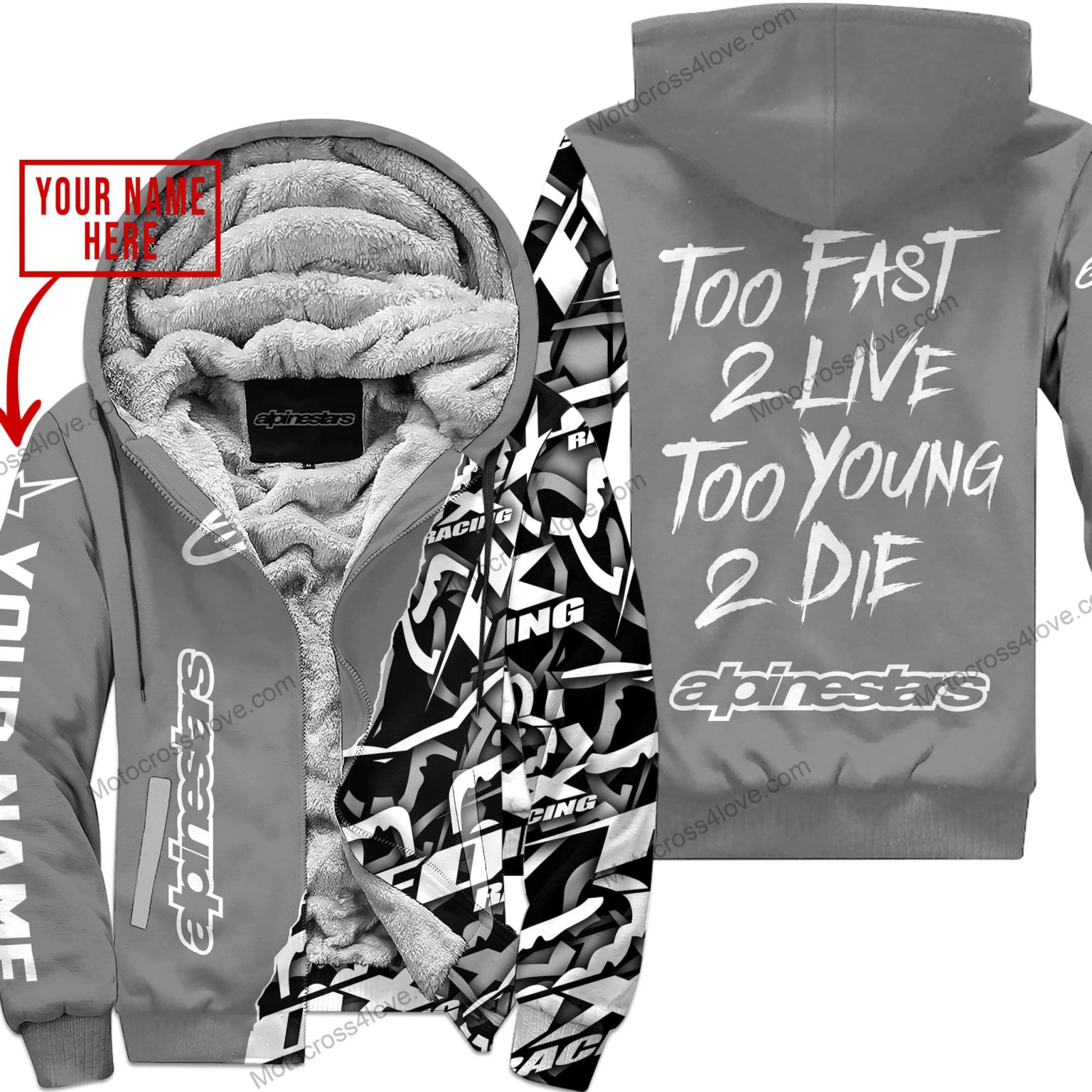 Too Fast To Live Too Young To Die Custom Name Alpinestars Grey Fleece Zip Hooodie MFH785