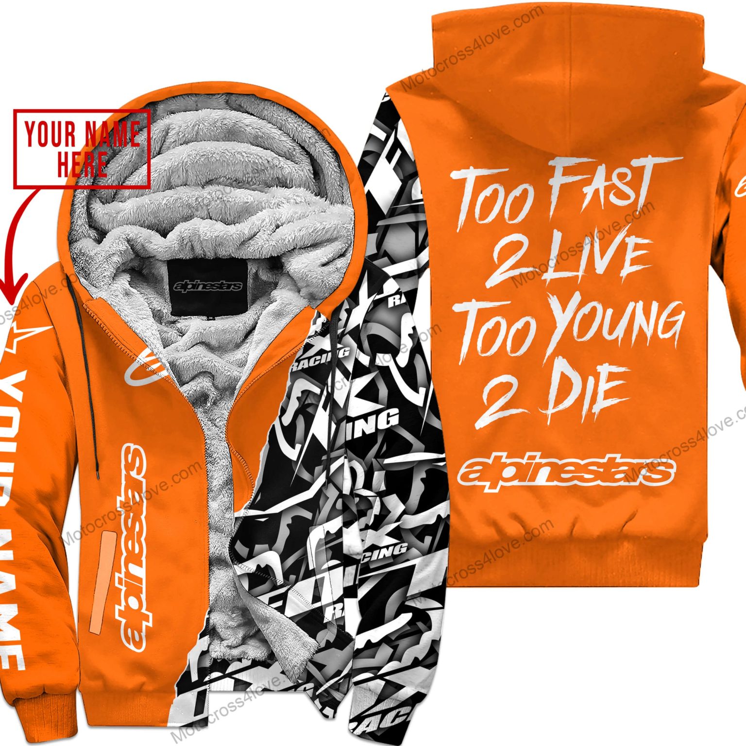 Too Fast To Live Too Young To Die Custom Name Alpinestars Orange Fleece Zip Hooodie MFH788