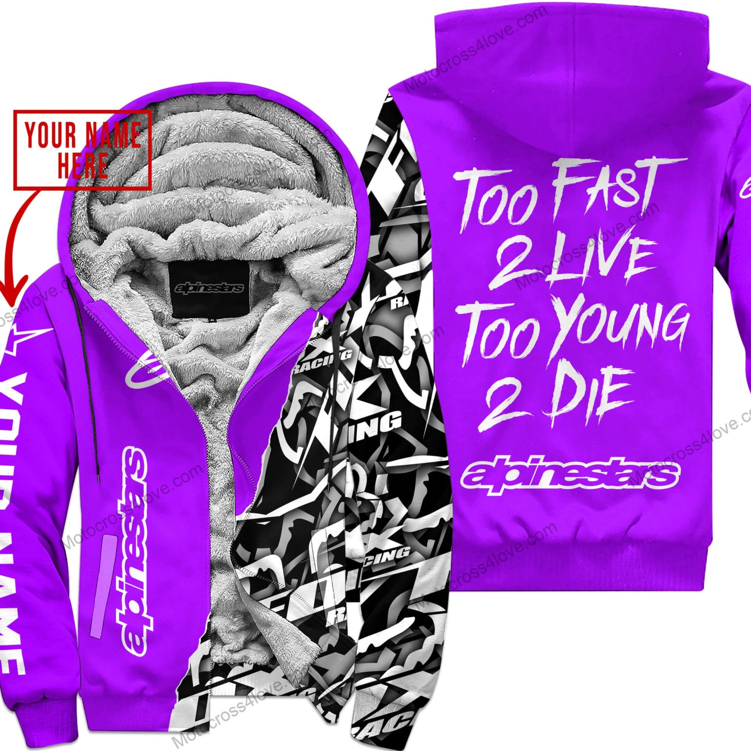 Too Fast To Live Too Young To Die Custom Name Alpinestars Purple Fleece Zip Hooodie MFH791