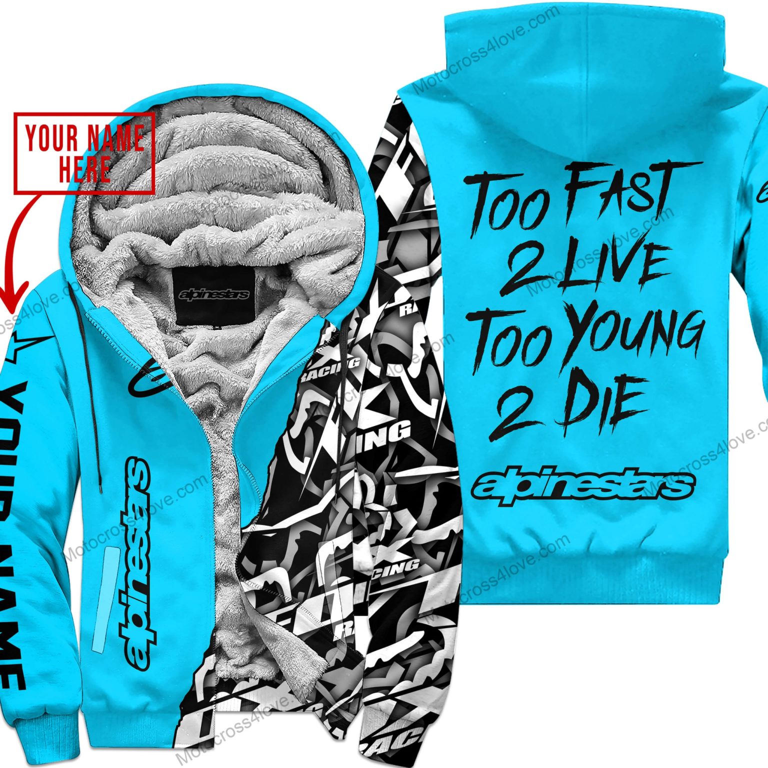 Too Fast To Live Too Young To Die Custom Name Alpinestars Sky Blue Fleece Zip Hooodie MFH793