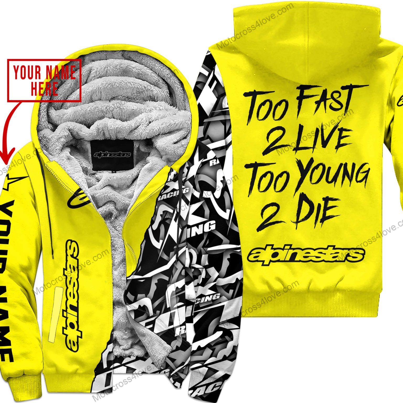 Too Fast To Live Too Young To Die Custom Name Alpinestars Yellow Fleece Zip Hooodie MFH795