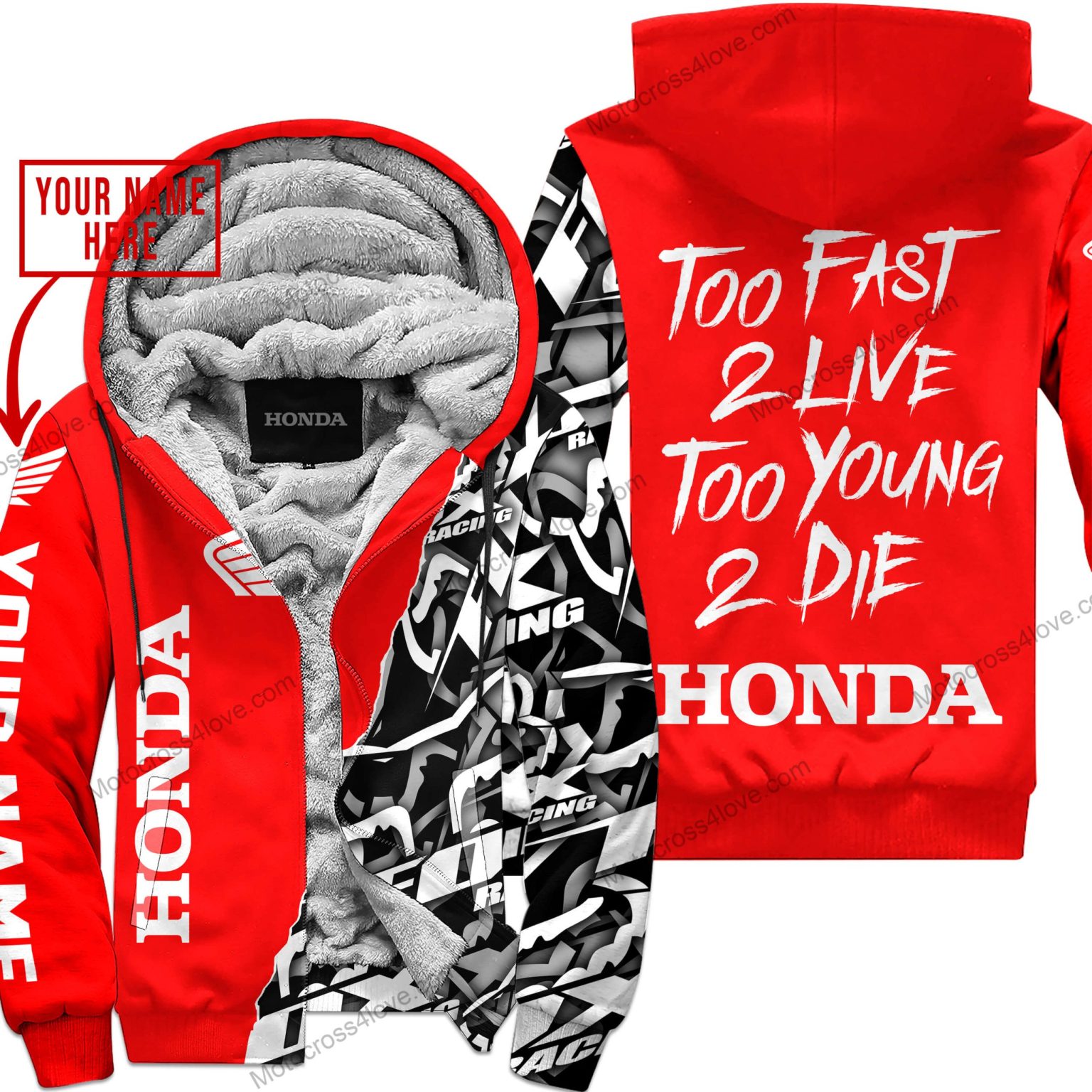 Too Fast To Live Too Young To Die Custom Name Honda Red Fleece Zip Hooodie MFH195