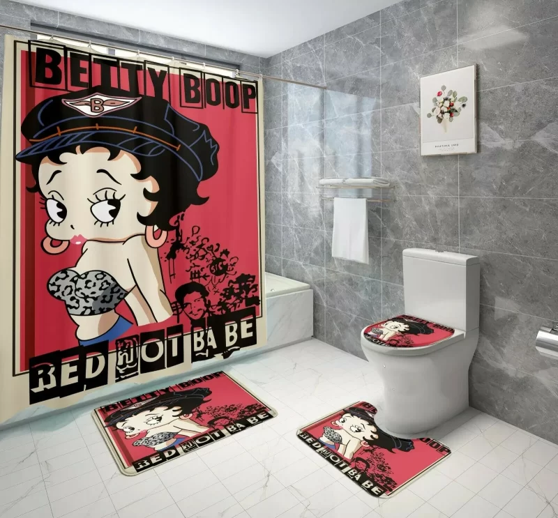 Betty Boop Biker Babe Bathroom Shower Curtain Toilet Seat Cover & Rugs Set BRS345