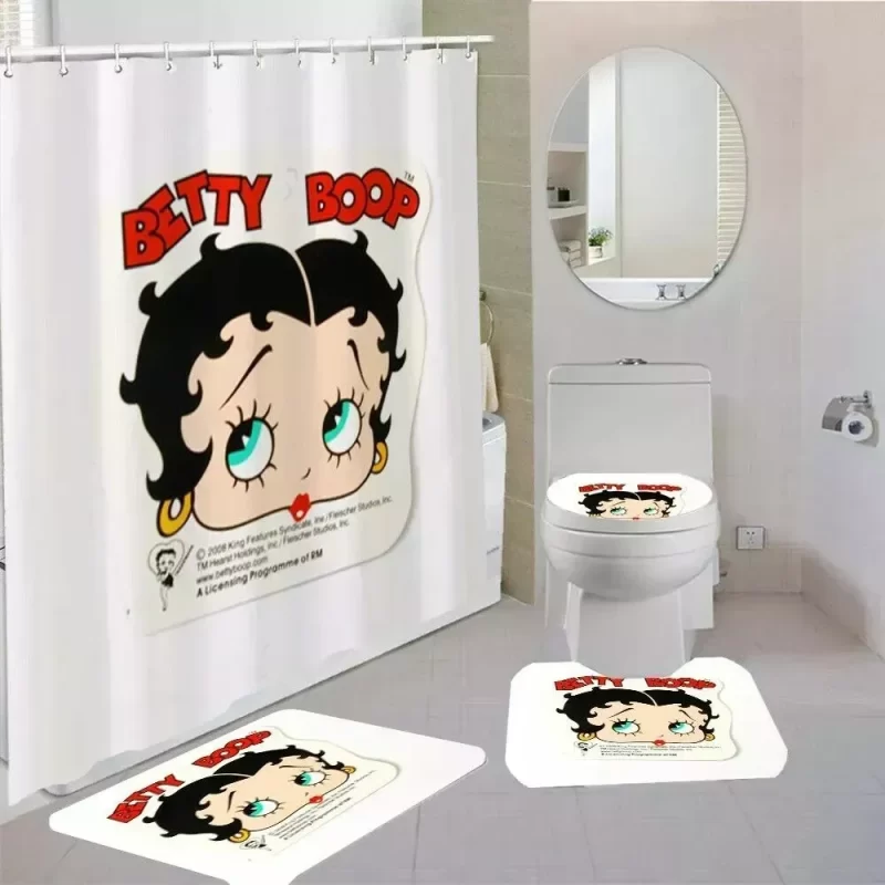 Betty Boop White Bathroom Shower Curtain Toilet Seat Cover & Rugs Set BRS340